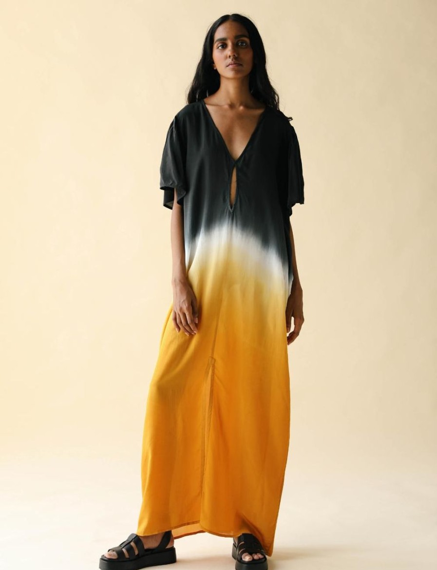 Women FARA Boutique | Raven Maxi Kaftan Black Sun Dip Dye