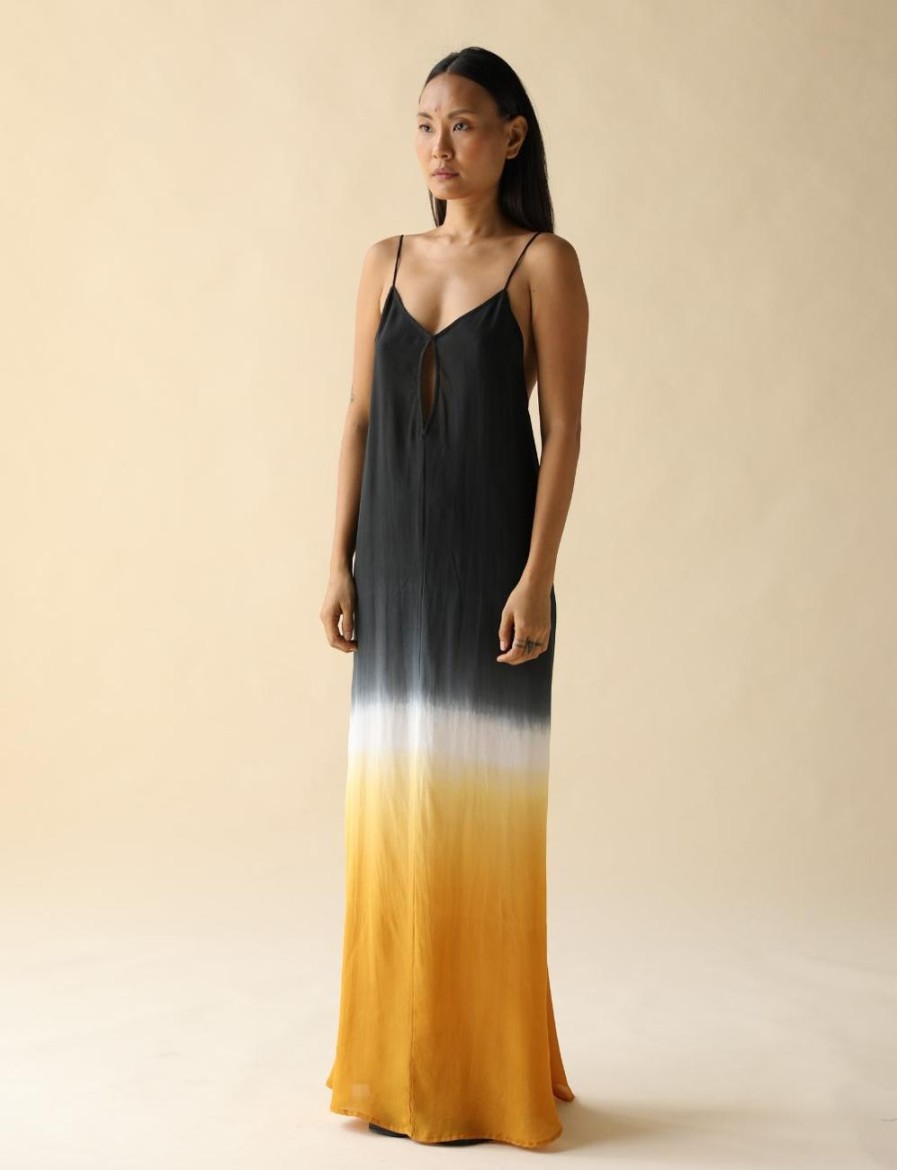 Women FARA Boutique | Juno Maxi Slip Dress Black Sun Dip Dye