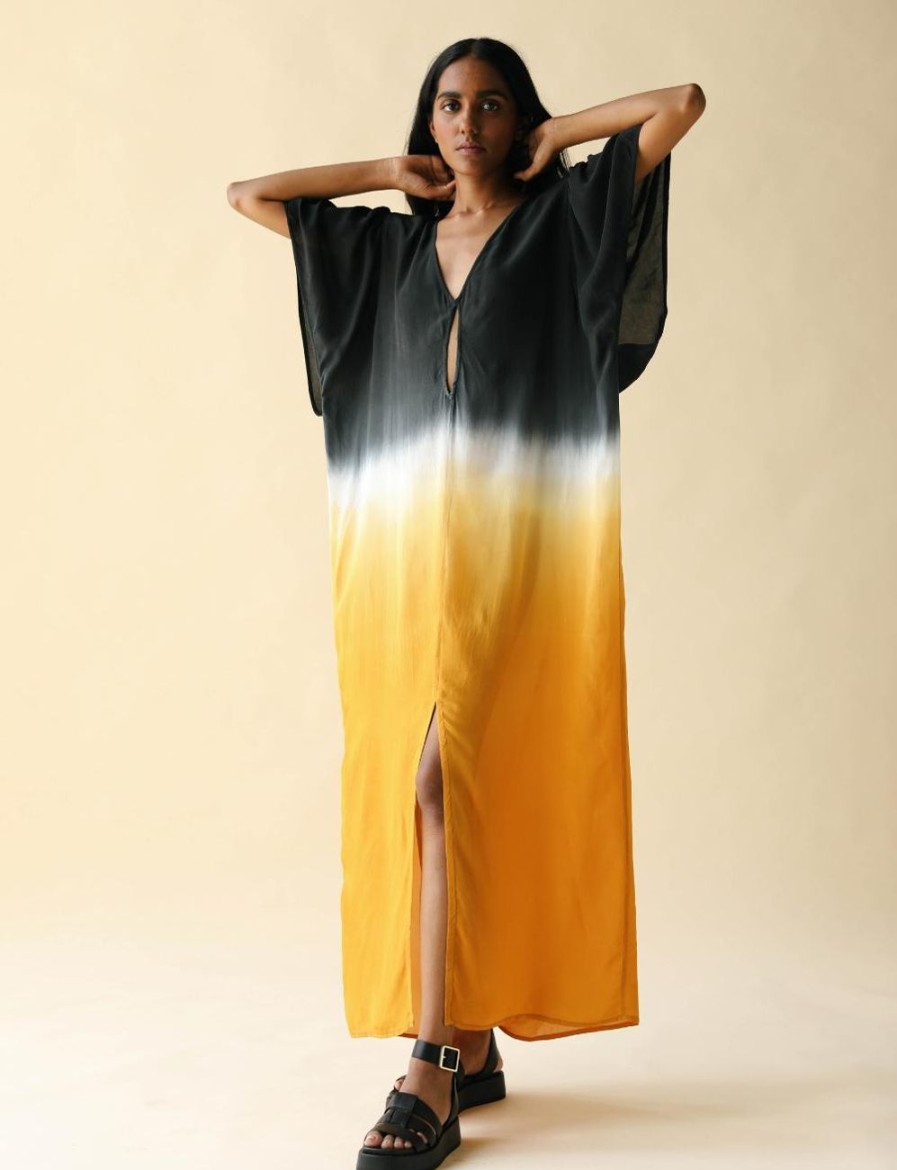 Women FARA Boutique | Raven Maxi Kaftan Black Sun Dip Dye